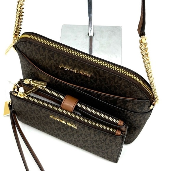 Michael Kors Jet Set Travel MD Logo Dome Crossbody Bag & Matching Wallet Brown - Picture 9 of 13